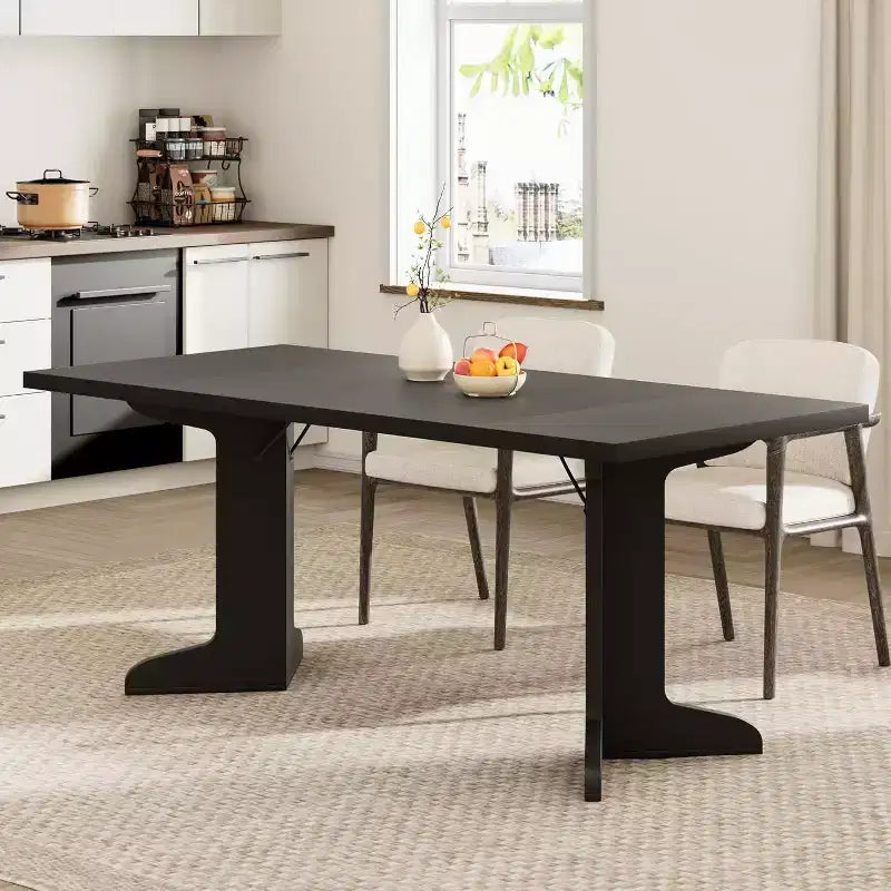 Grande table à manger en bois de style ferme pour 6-8 personnes, table de cuisine rectangulaire avec plateau rembourré et pieds distinctifs en forme de V