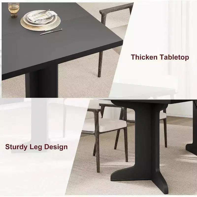 Grande table à manger en bois de style ferme pour 6-8 personnes, table de cuisine rectangulaire avec plateau rembourré et pieds distinctifs en forme de V