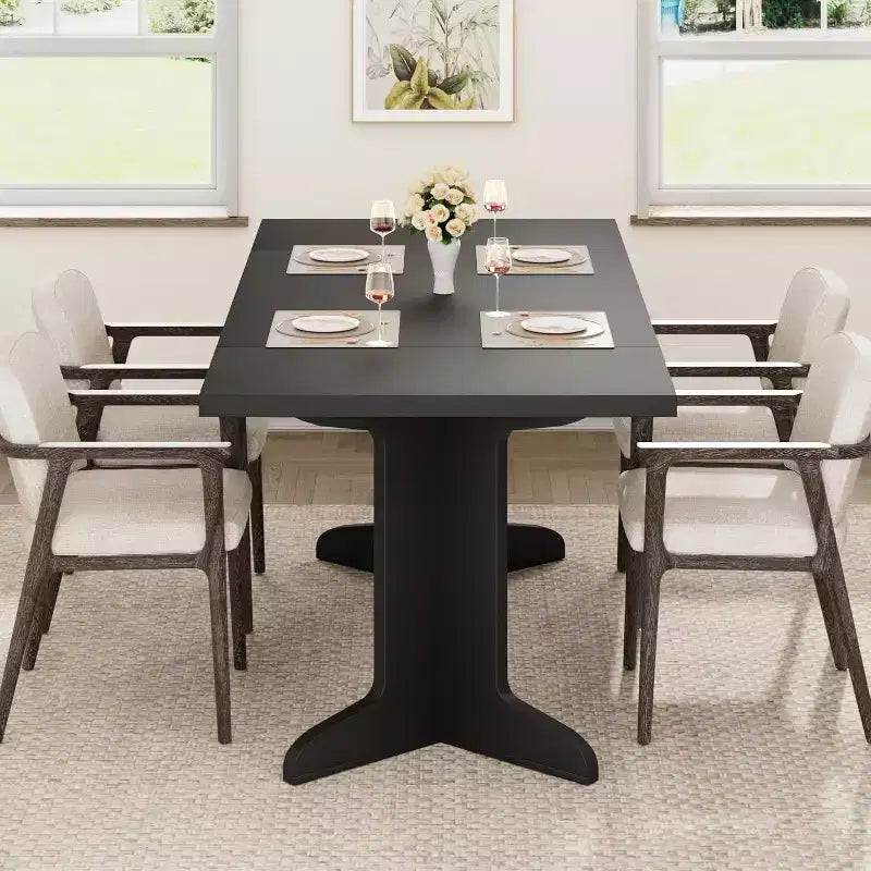 Grande table à manger en bois de style ferme pour 6-8 personnes, table de cuisine rectangulaire avec plateau rembourré et pieds distinctifs en forme de V