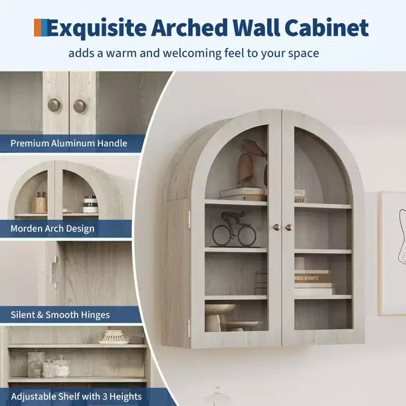 Meuble Haut Mural Arrondi, Petite Armoire de Toilette Murale avec Portes et Étagères Réglables, Organisateur de Rangement Gain de Place pour Cuisines