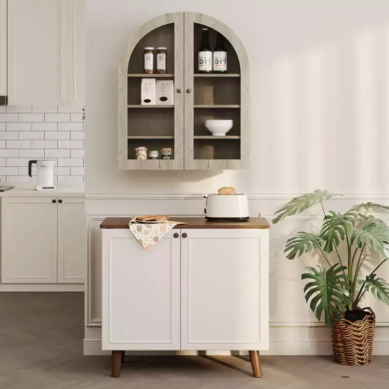 Meuble Haut Mural Arrondi, Petite Armoire de Toilette Murale avec Portes et Étagères Réglables, Organisateur de Rangement Gain de Place pour Cuisines