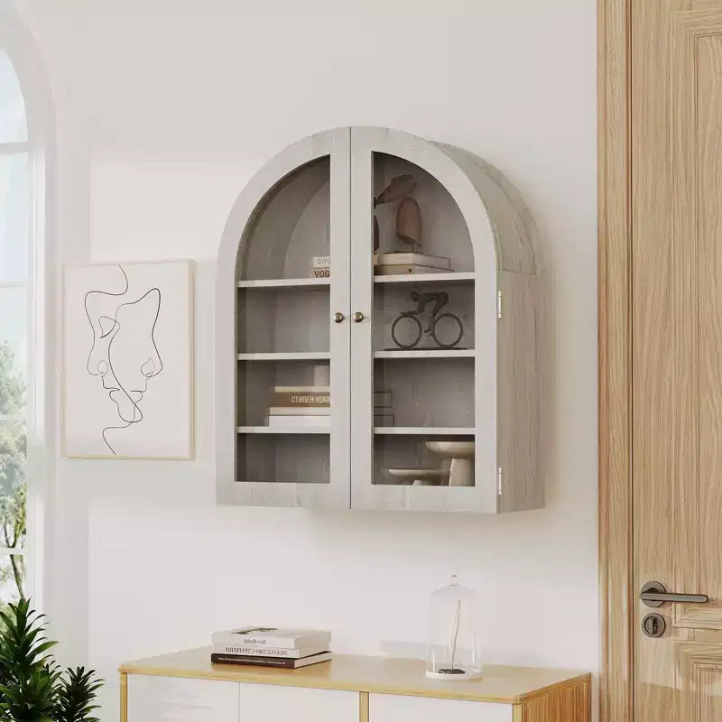 Meuble Haut Mural Arrondi, Petite Armoire de Toilette Murale avec Portes et Étagères Réglables, Organisateur de Rangement Gain de Place pour Cuisines