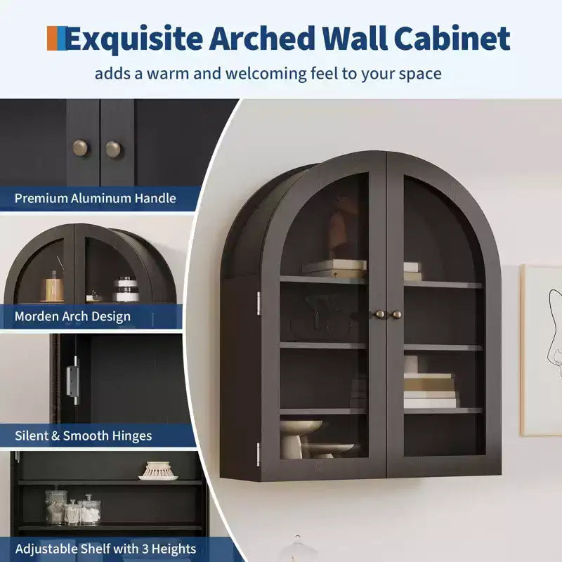 Meuble Haut Mural Arrondi, Petite Armoire de Toilette Murale avec Portes et Étagères Réglables, Organisateur de Rangement Gain de Place pour Cuisines