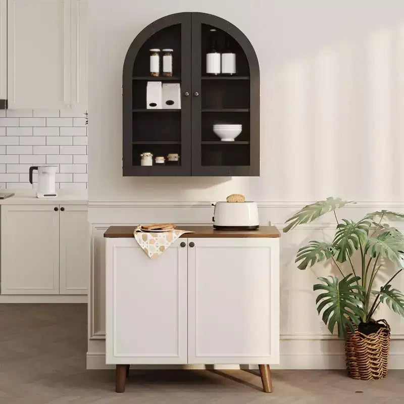 Meuble Haut Mural Arrondi, Petite Armoire de Toilette Murale avec Portes et Étagères Réglables, Organisateur de Rangement Gain de Place pour Cuisines