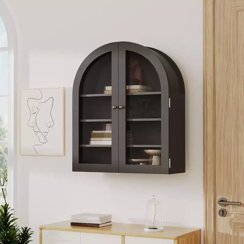 Meuble Haut Mural Arrondi, Petite Armoire de Toilette Murale avec Portes et Étagères Réglables, Organisateur de Rangement Gain de Place pour Cuisines