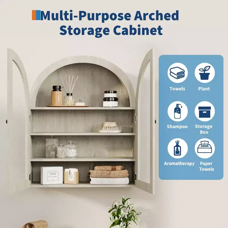 Meuble Haut Mural Arrondi, Petite Armoire de Toilette Murale avec Portes et Étagères Réglables, Organisateur de Rangement Gain de Place pour Cuisines