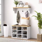 Portemanteau MAYEERTY avec rangement pour 9 paires de chaussures, banc à chaussures et porte-manteau 2-en-1 pour entrée/couloir moderne, blanc