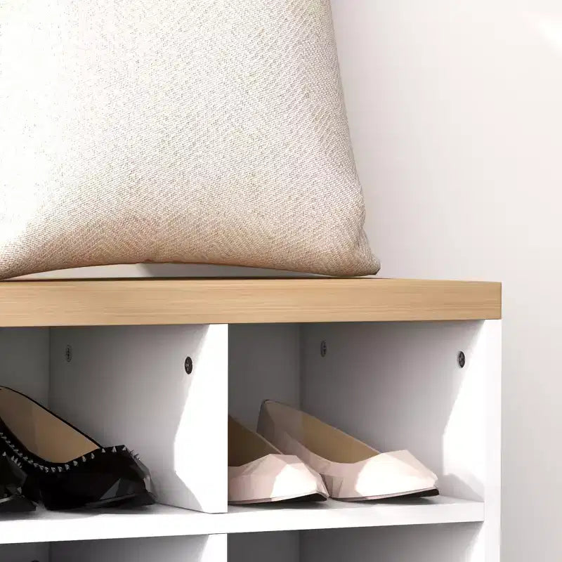 Portemanteau MAYEERTY avec rangement pour 9 paires de chaussures, banc à chaussures et porte-manteau 2-en-1 pour entrée/couloir moderne, blanc