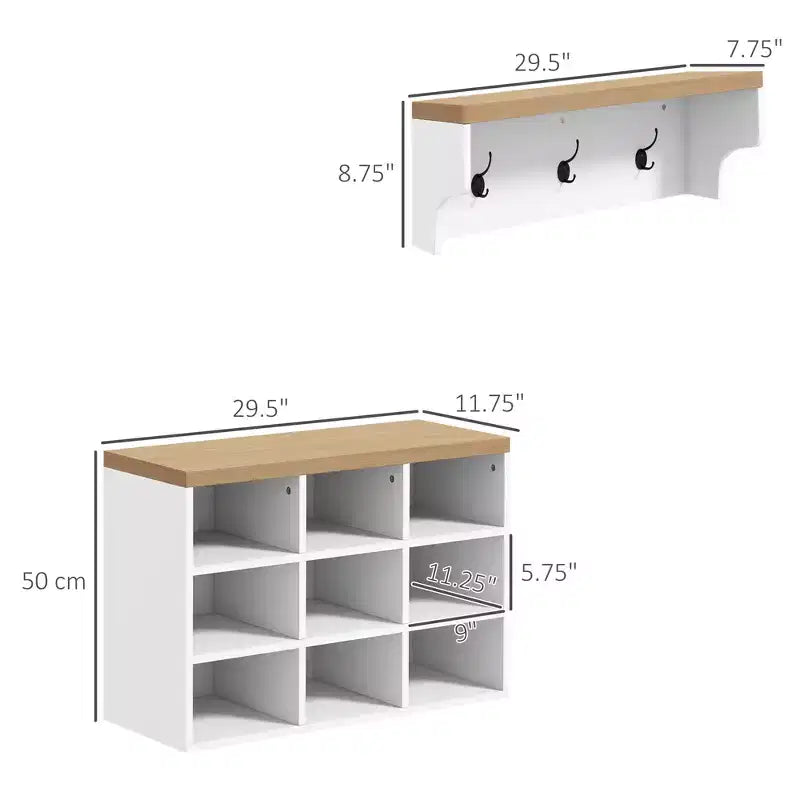 Portemanteau MAYEERTY avec rangement pour 9 paires de chaussures, banc à chaussures et porte-manteau 2-en-1 pour entrée/couloir moderne, blanc