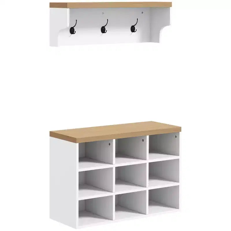Portemanteau MAYEERTY avec rangement pour 9 paires de chaussures, banc à chaussures et porte-manteau 2-en-1 pour entrée/couloir moderne, blanc