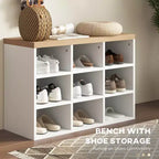 Portemanteau MAYEERTY avec rangement pour 9 paires de chaussures, banc à chaussures et porte-manteau 2-en-1 pour entrée/couloir moderne, blanc