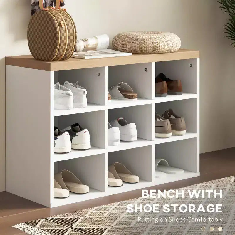 Portemanteau MAYEERTY avec rangement pour 9 paires de chaussures, banc à chaussures et porte-manteau 2-en-1 pour entrée/couloir moderne, blanc
