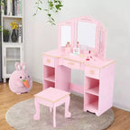 Acekool Kids Vanity Set with Stool, Tri-Fold Mirror, Storage Drawers & Open Shelves, Pink Makeup Desk for Girls Ages 3+