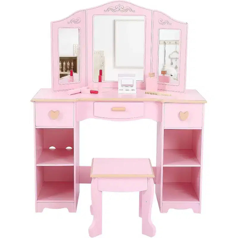 Coiffeuse Acekool pour enfants avec tabouret, miroir triptyque, tiroirs de rangement et étagères ouvertes, coiffeuse rose pour filles de 3 ans et plus