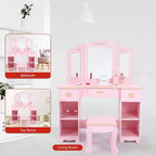 Coiffeuse Acekool pour enfants avec tabouret, miroir triptyque, tiroirs de rangement et étagères ouvertes, coiffeuse rose pour filles de 3 ans et plus
