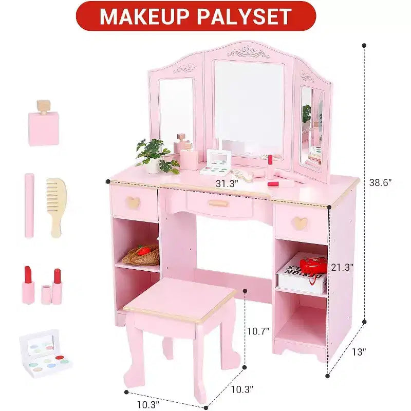 Coiffeuse Acekool pour enfants avec tabouret, miroir triptyque, tiroirs de rangement et étagères ouvertes, coiffeuse rose pour filles de 3 ans et plus