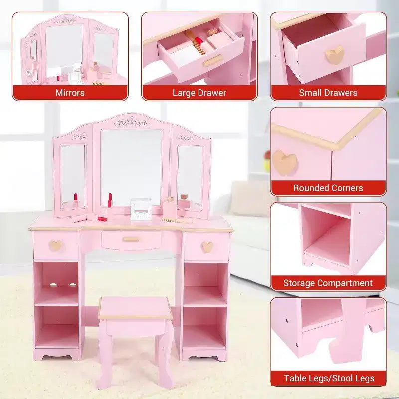 Coiffeuse Acekool pour enfants avec tabouret, miroir triptyque, tiroirs de rangement et étagères ouvertes, coiffeuse rose pour filles de 3 ans et plus