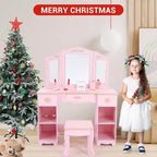 Coiffeuse Acekool pour enfants avec tabouret, miroir triptyque, tiroirs de rangement et étagères ouvertes, coiffeuse rose pour filles de 3 ans et plus