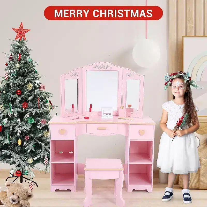 Coiffeuse Acekool pour enfants avec tabouret, miroir triptyque, tiroirs de rangement et étagères ouvertes, coiffeuse rose pour filles de 3 ans et plus