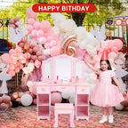 Coiffeuse Acekool pour enfants avec tabouret, miroir triptyque, tiroirs de rangement et étagères ouvertes, coiffeuse rose pour filles de 3 ans et plus