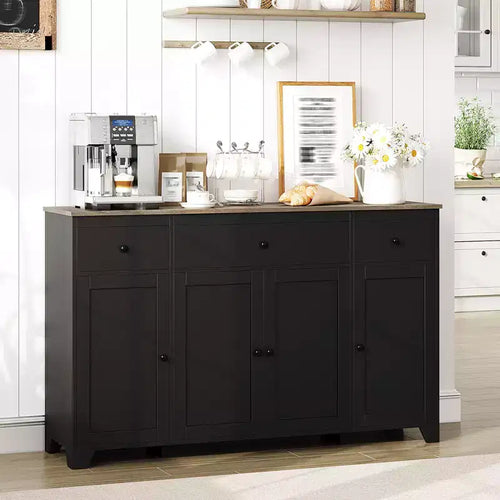 1 Buffet en aggloméré 15 mm E1 avec 4 portes et 3 tiroirs pour salle à manger, doté d'une construction durable, d'un rangement spacieux, d'un design élégant et d'un assemblage facile