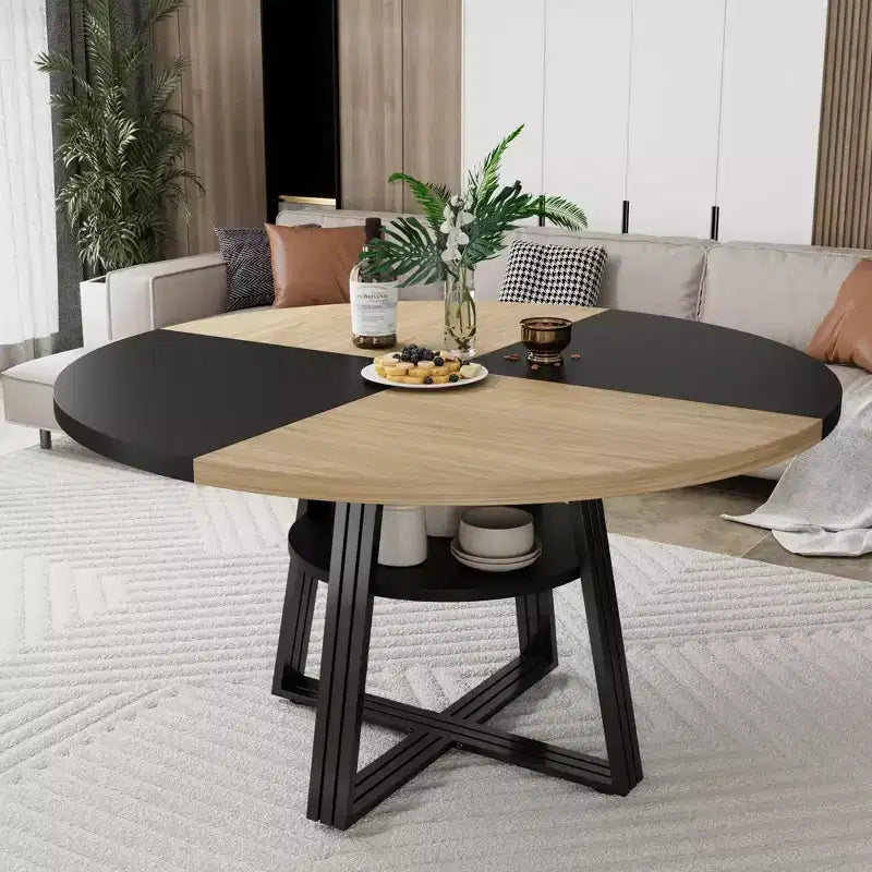 Table à manger ronde en fer et MDF avec pieds carrés en fer - Durable, élégante, compacte, facile à nettoyer, design moderne