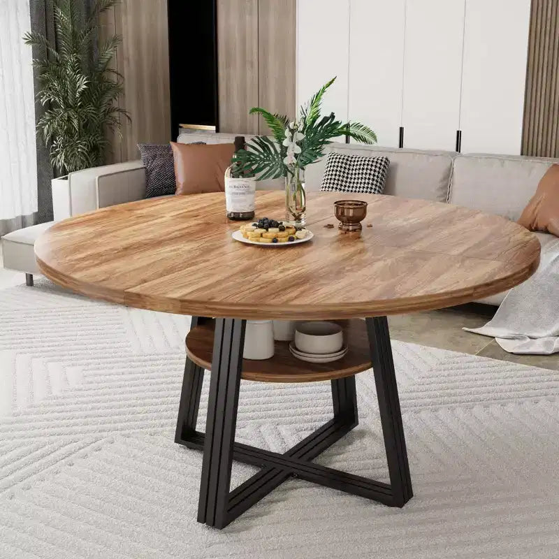 Table à manger ronde en fer et MDF avec pieds carrés en fer - Durable, élégante, compacte, facile à nettoyer, design moderne