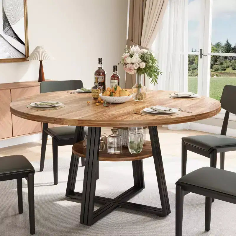 Table à manger ronde en fer et MDF avec pieds carrés en fer - Durable, élégante, compacte, facile à nettoyer, design moderne