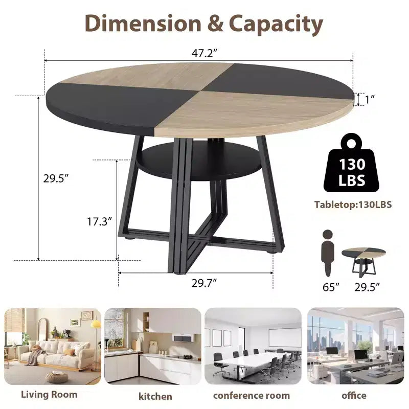 Table à manger ronde en fer et MDF avec pieds carrés en fer - Durable, élégante, compacte, facile à nettoyer, design moderne