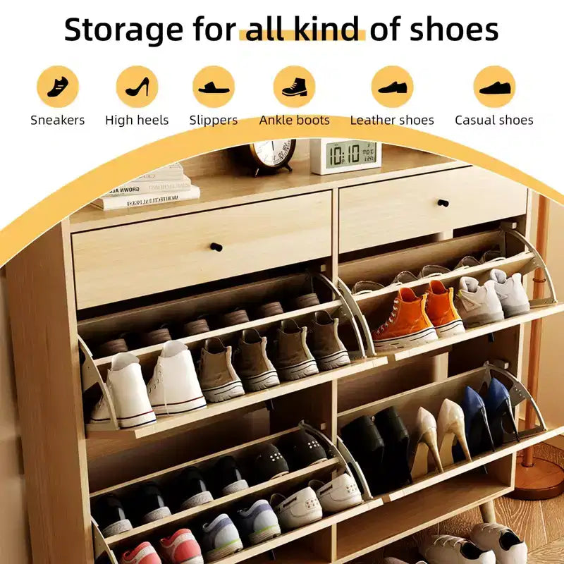 Meuble à chaussures en rotin, grand meuble à chaussures autoportant avec pieds en bois et 4 tiroirs basculants
