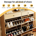 Meuble à chaussures en rotin, grand meuble à chaussures autoportant avec pieds en bois et 4 tiroirs basculants