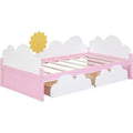 Acekool Kids Twin Platform Bed Frame with Clouds & Sunflower Decor, 2 Storage Drawers, Wood Slats, Fairytale Design, White