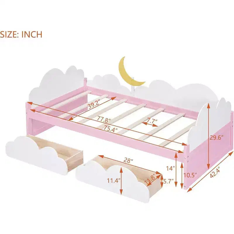 Cadre de Lit Jumeau Plateforme Acekool pour Enfants avec Décor Nuages & Tournesol, 2 Tiroirs de Rangement, Lattes en Bois, Design Conte de Fées, Blanc