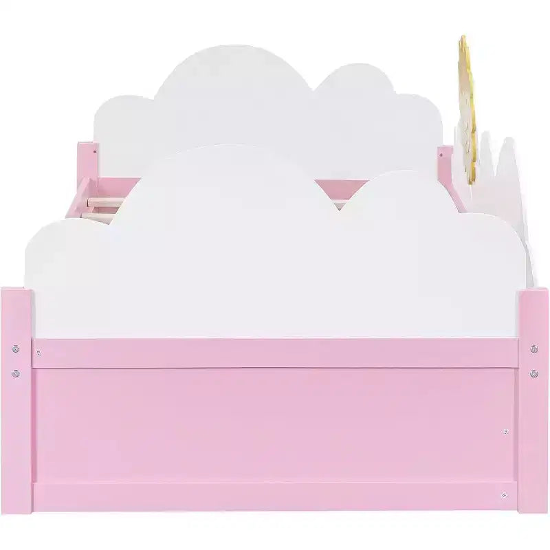 Cadre de Lit Jumeau Plateforme Acekool pour Enfants avec Décor Nuages & Tournesol, 2 Tiroirs de Rangement, Lattes en Bois, Design Conte de Fées, Blanc