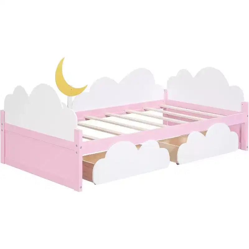 Cadre de Lit Jumeau Plateforme Acekool pour Enfants avec Décor Nuages & Tournesol, 2 Tiroirs de Rangement, Lattes en Bois, Design Conte de Fées, Blanc