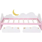 Cadre de Lit Jumeau Plateforme Acekool pour Enfants avec Décor Nuages & Tournesol, 2 Tiroirs de Rangement, Lattes en Bois, Design Conte de Fées, Blanc