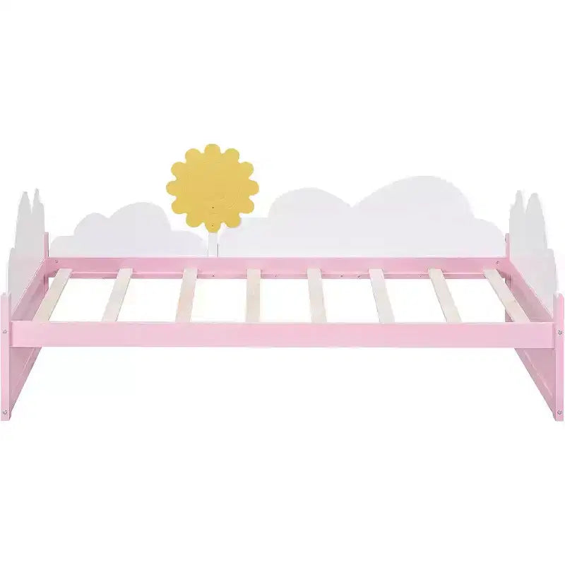 Cadre de Lit Jumeau Plateforme Acekool pour Enfants avec Décor Nuages & Tournesol, 2 Tiroirs de Rangement, Lattes en Bois, Design Conte de Fées, Blanc