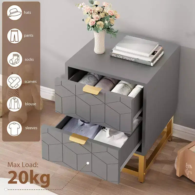 Commode GustoWave grise à 2 tiroirs, petite commode, table de chevet moderne pour chambre à coucher, table d'appoint avec tiroir pour salon, couloir
