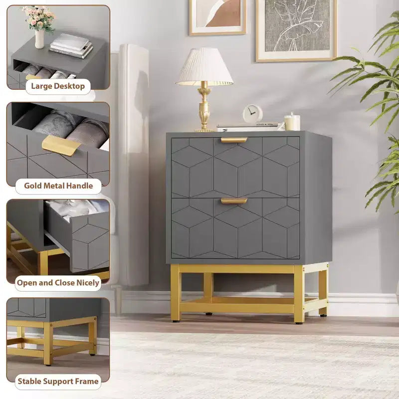 Commode GustoWave grise à 2 tiroirs, petite commode, table de chevet moderne pour chambre à coucher, table d'appoint avec tiroir pour salon, couloir