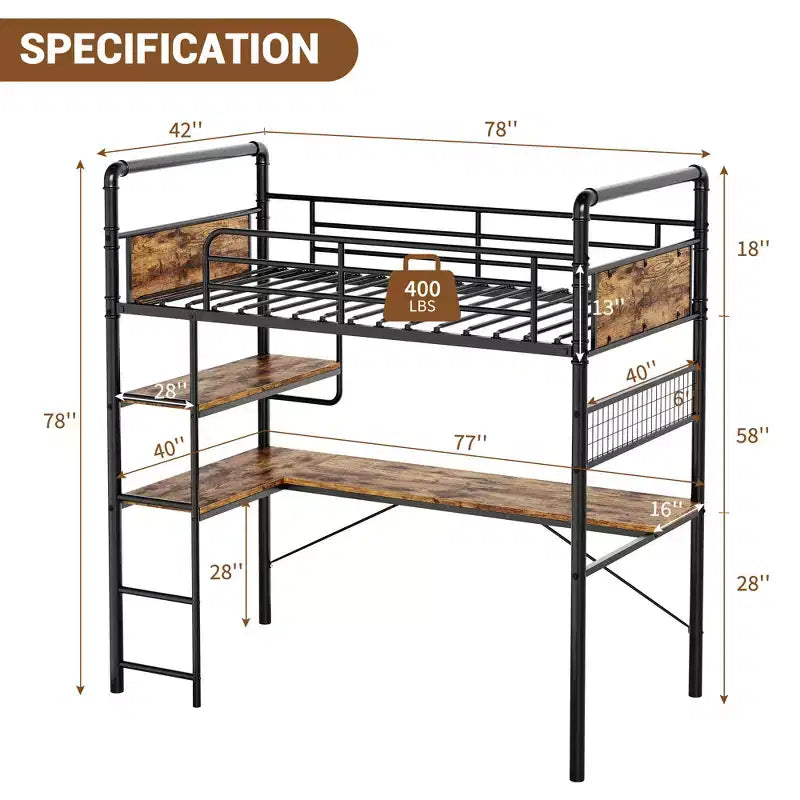 Lit mezzanine double avec bureau en L, lit mezzanine double en métal avec étagères de rangement, garde-corps de sécurité et échelle, aucun sommier tapissier requis