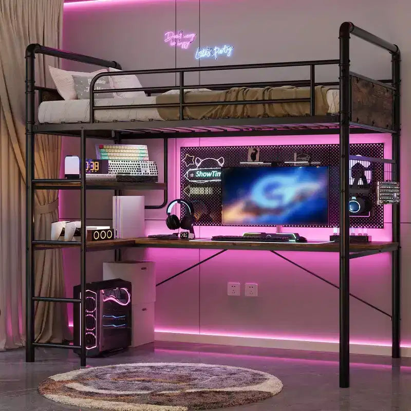Lit mezzanine double avec bureau en L, lit mezzanine double en métal avec étagères de rangement, garde-corps de sécurité et échelle, aucun sommier tapissier requis