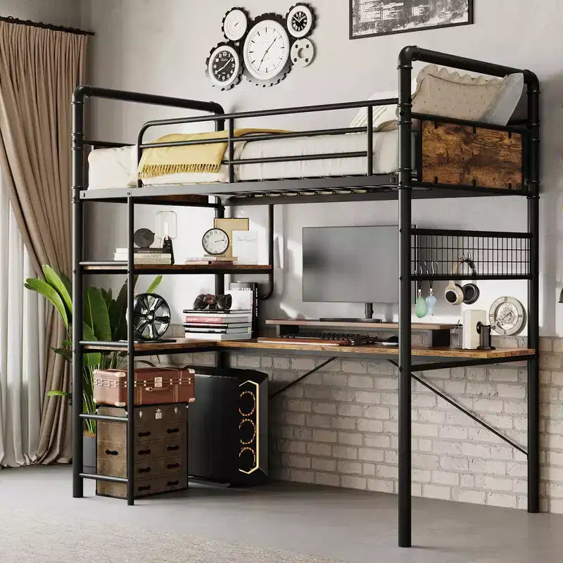 Lit mezzanine double avec bureau en L, lit mezzanine double en métal avec étagères de rangement, garde-corps de sécurité et échelle, aucun sommier tapissier requis