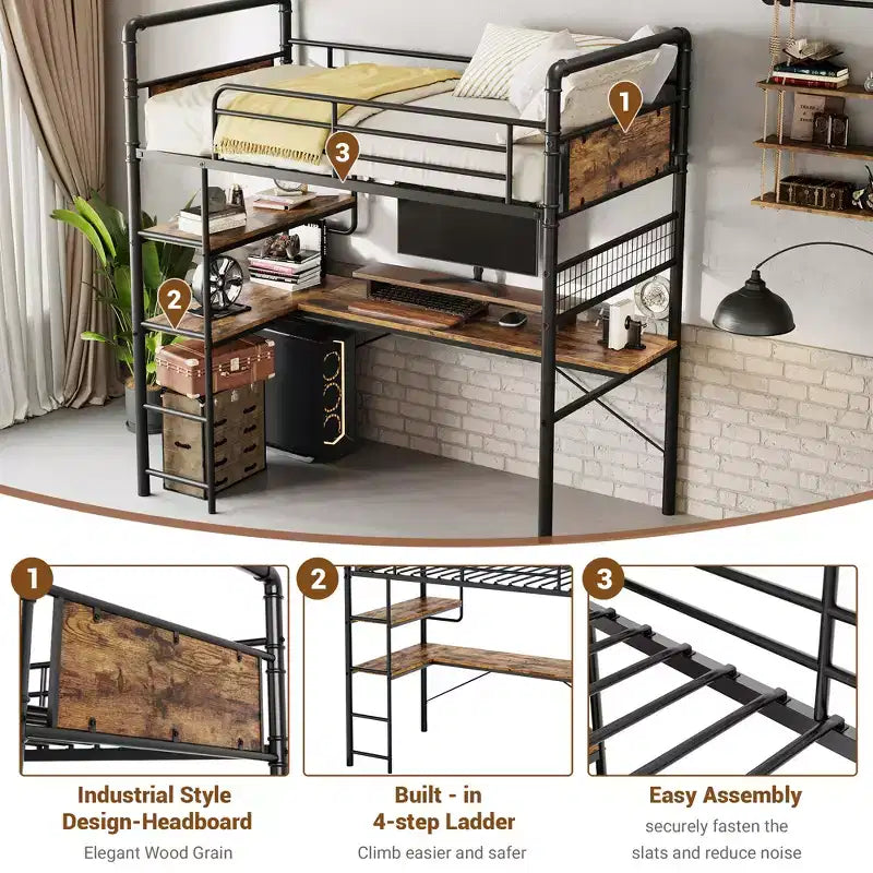 Lit mezzanine double avec bureau en L, lit mezzanine double en métal avec étagères de rangement, garde-corps de sécurité et échelle, aucun sommier tapissier requis