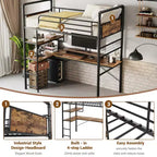Lit mezzanine double avec bureau en L, lit mezzanine double en métal avec étagères de rangement, garde-corps de sécurité et échelle, aucun sommier tapissier requis
