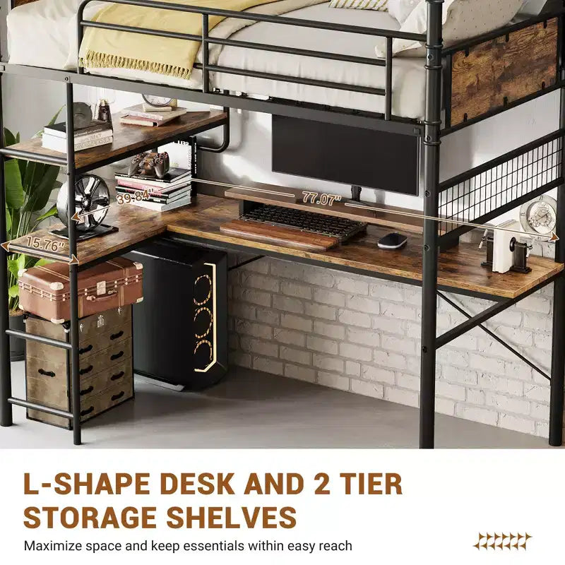 Lit mezzanine double avec bureau en L, lit mezzanine double en métal avec étagères de rangement, garde-corps de sécurité et échelle, aucun sommier tapissier requis