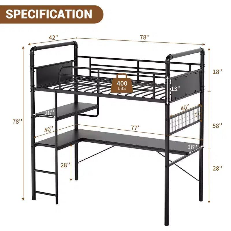 Lit mezzanine double avec bureau en L, lit mezzanine double en métal avec étagères de rangement, garde-corps de sécurité et échelle, aucun sommier tapissier requis