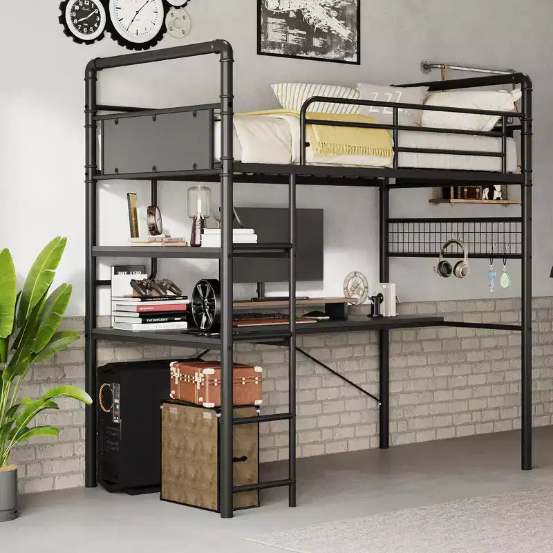 Lit mezzanine double avec bureau en L, lit mezzanine double en métal avec étagères de rangement, garde-corps de sécurité et échelle, aucun sommier tapissier requis
