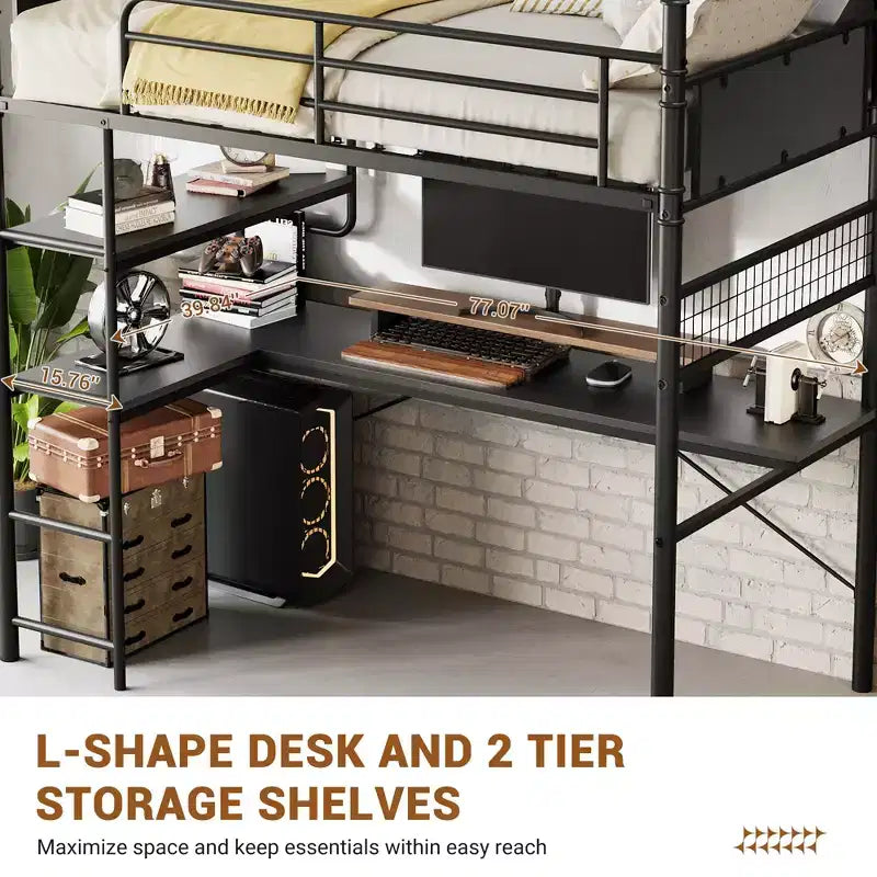 Lit mezzanine double avec bureau en L, lit mezzanine double en métal avec étagères de rangement, garde-corps de sécurité et échelle, aucun sommier tapissier requis