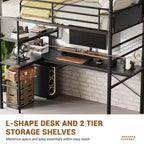 Lit mezzanine double avec bureau en L, lit mezzanine double en métal avec étagères de rangement, garde-corps de sécurité et échelle, aucun sommier tapissier requis
