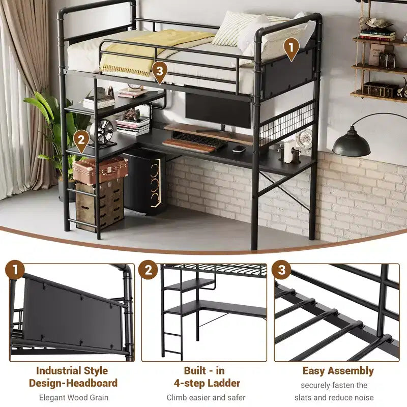 Lit mezzanine double avec bureau en L, lit mezzanine double en métal avec étagères de rangement, garde-corps de sécurité et échelle, aucun sommier tapissier requis